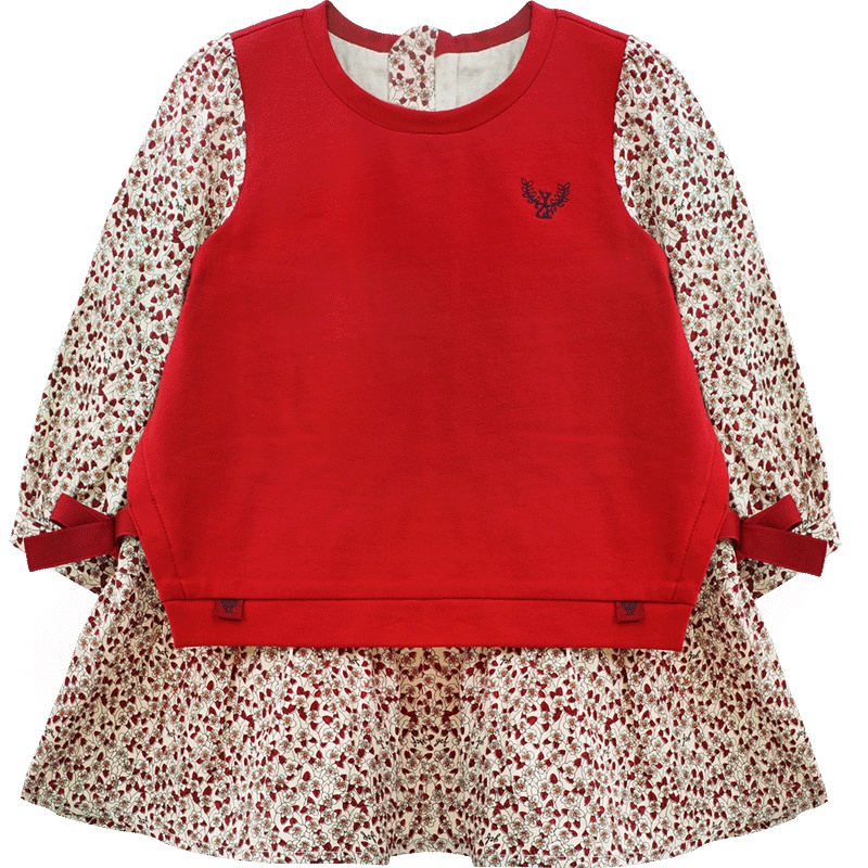 婴姿坊女童春秋装连衣裙甜美红色马甲碎花长袖假两件拼接连衣裙