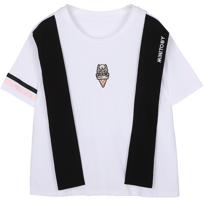 a02新款2020时尚卡通刺绣撞色拼接宽松短袖T恤女潮DTV2C0451KT