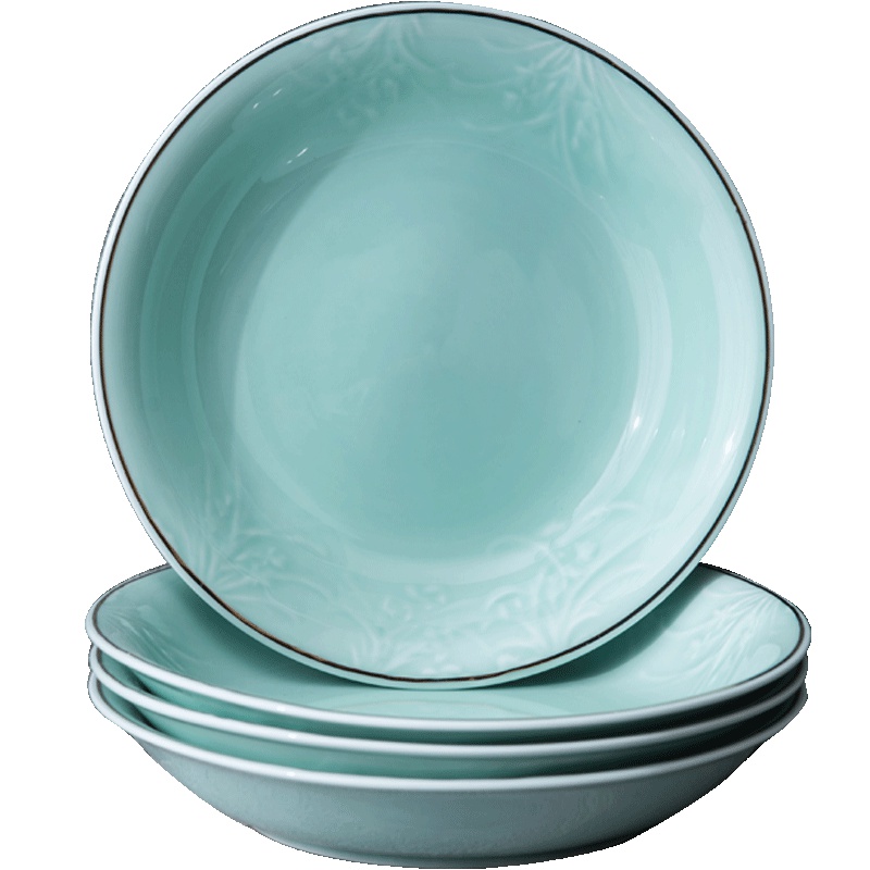 雅诚德(arst) 陶瓷盘子菜盘家用 龙泉釉4个盘子套装创意青瓷餐盘四角盘 7英寸深饭盘4个装