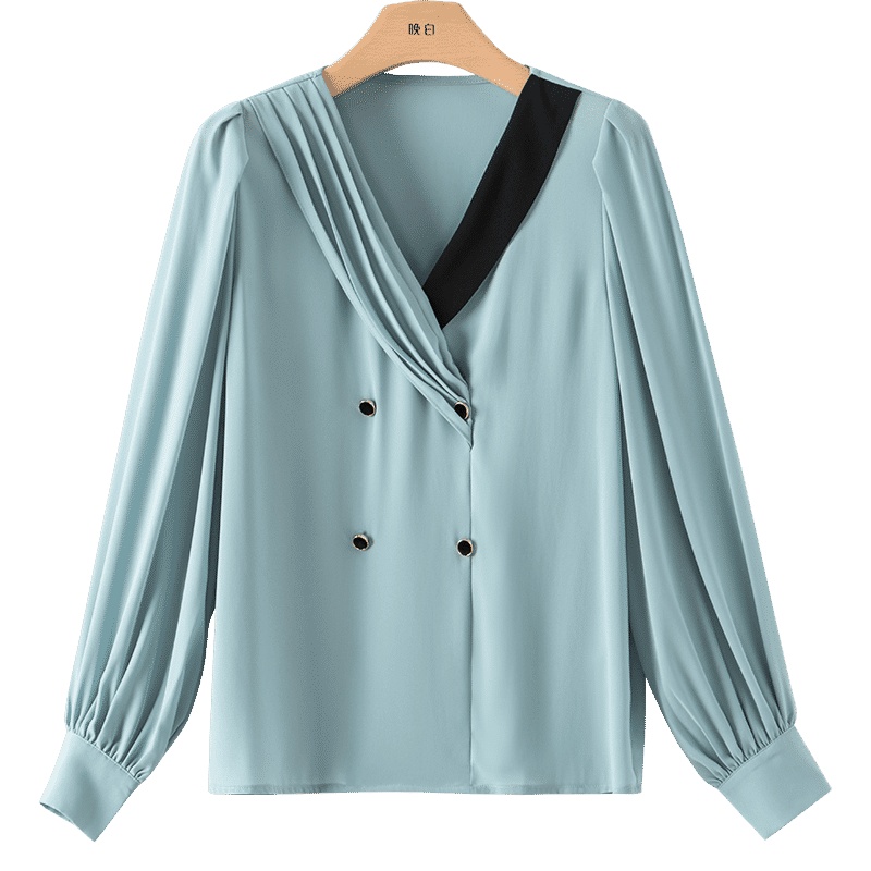 晚白2021春季新品通勤时尚纯色V领常规百搭宽松雪纺衫衬衫衬衣女