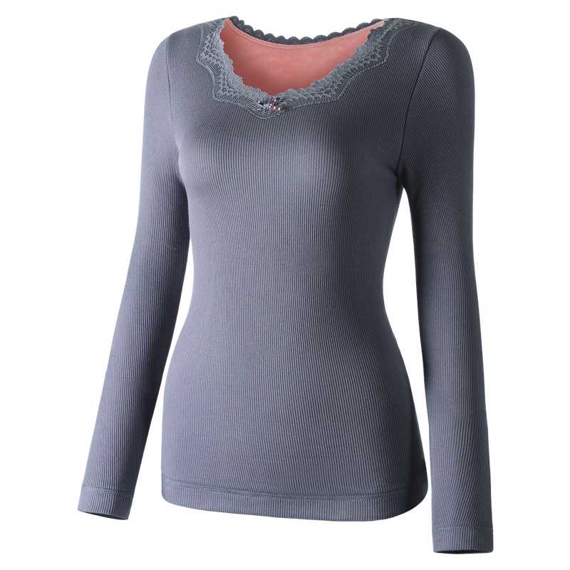 俞兆林蕾丝V领秋衣女加绒加厚美体保暖内衣女单件上衣秋冬打底衫