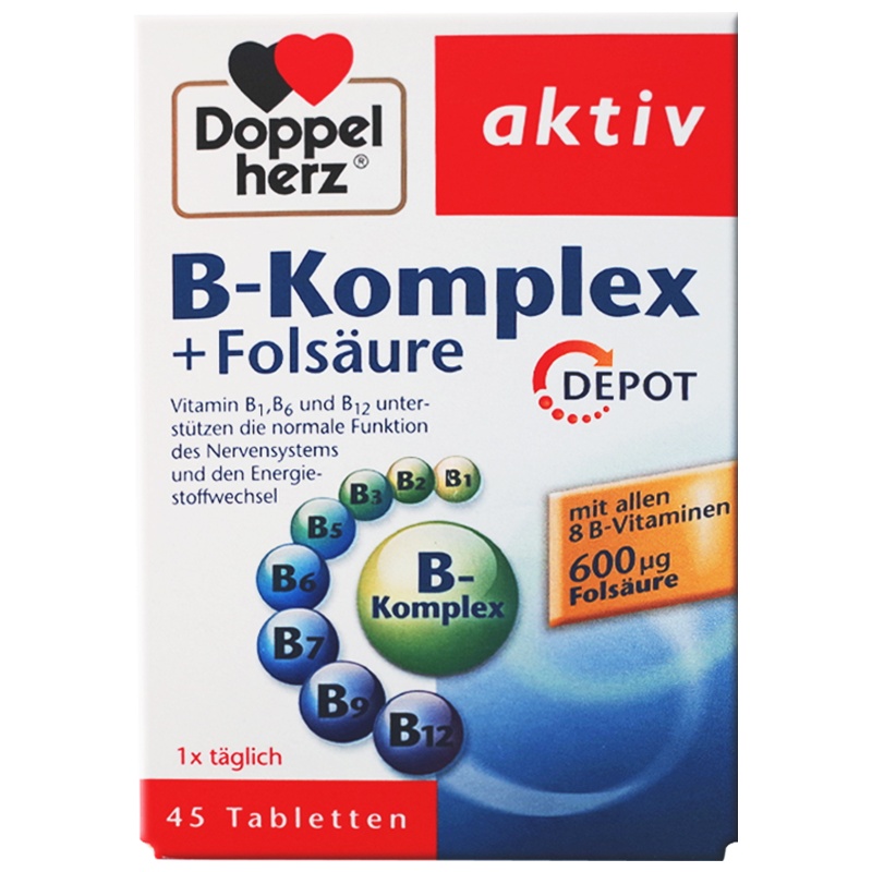 [全球购]Doppel herz 德国双心维生素B族+叶酸营养片 膳食营养补充剂 45粒/盒*2盒装 2023.11