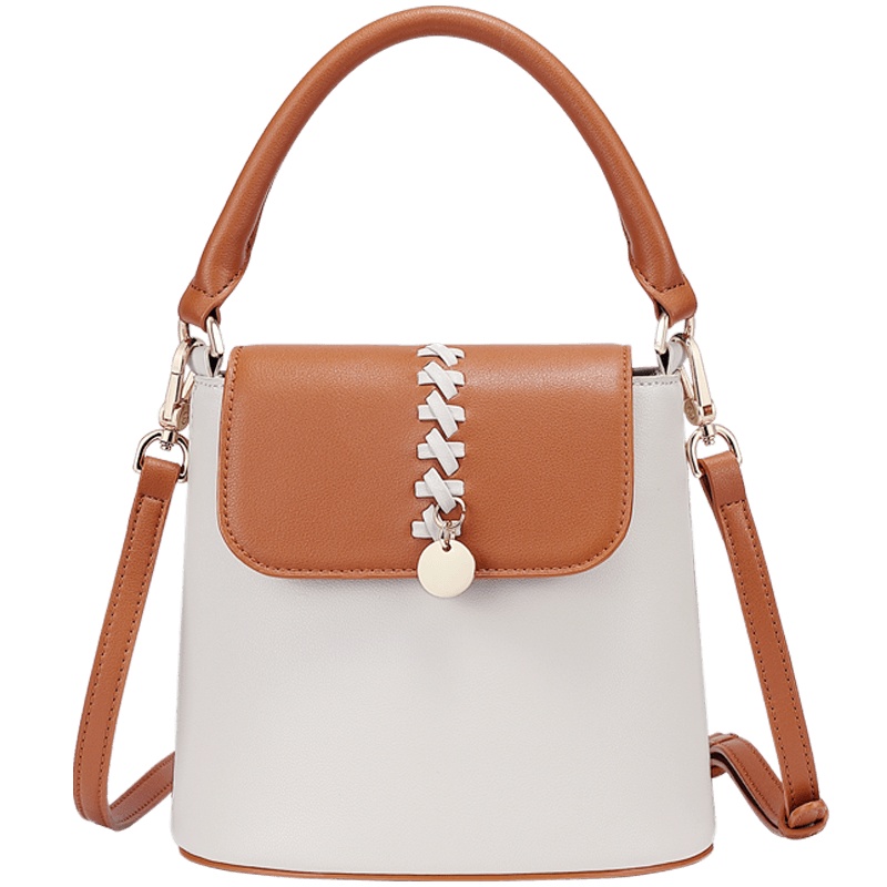 高尔夫GOLF编织撞色水桶包优质牛皮单肩斜挎包时尚女士大容量手提包简约潮流女包