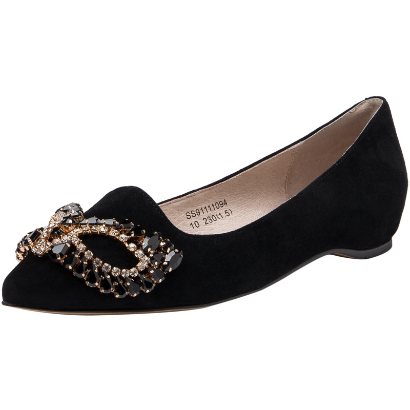 星期六(ST&SAT) 绒面羊皮革水钻饰扣尖头低跟粗跟时尚单鞋女SS91111094