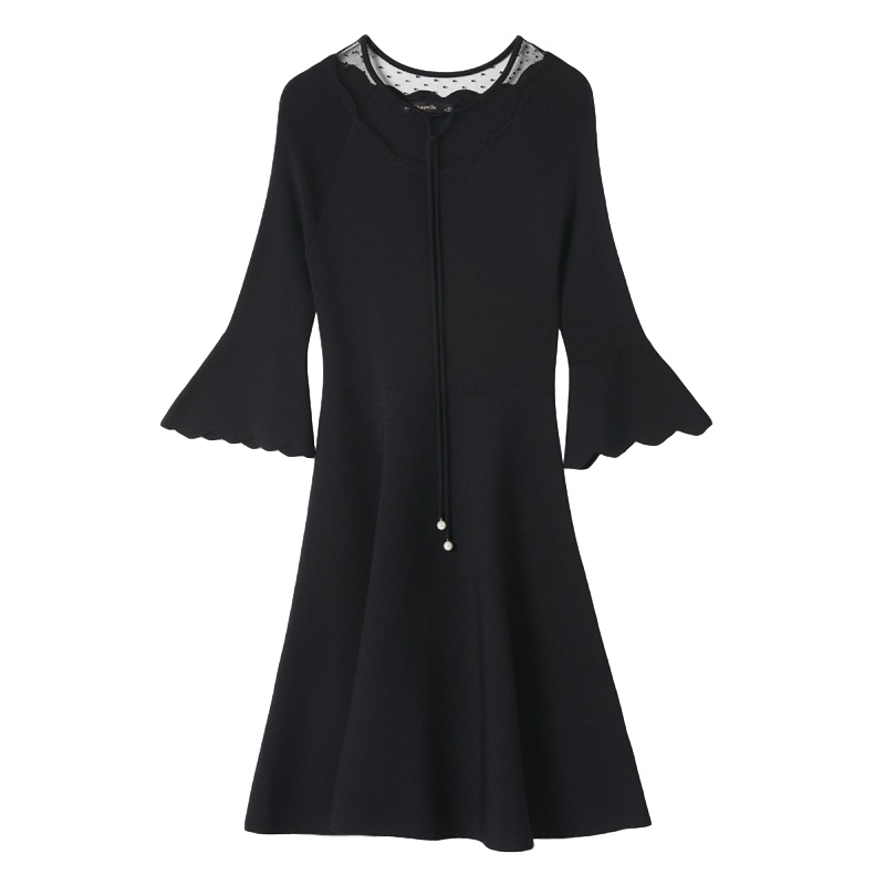 拉夏贝尔圆领喇叭袖连衣裙春季新款女收腰显瘦气质七分袖a字裙