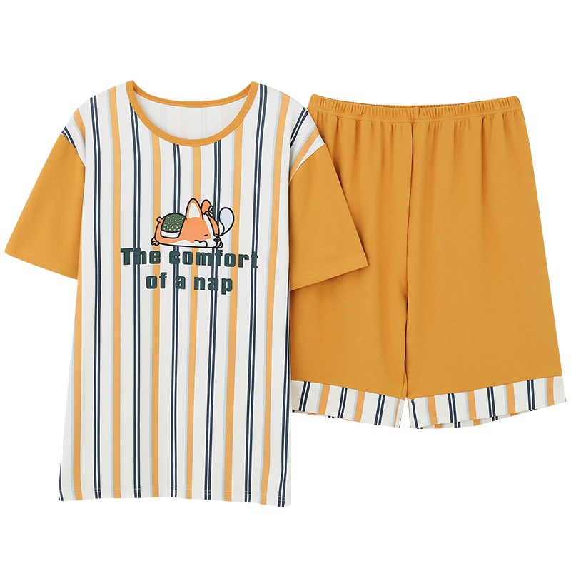 耀婷男士针织棉睡衣短袖套头休闲套装夏天青少年家居服可外穿