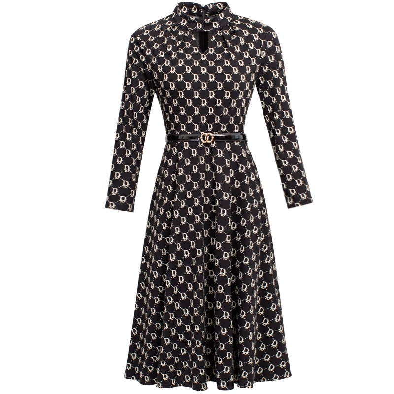 印花连衣裙女 2021秋季气质新款圆领长袖修身显瘦中长款a字裙