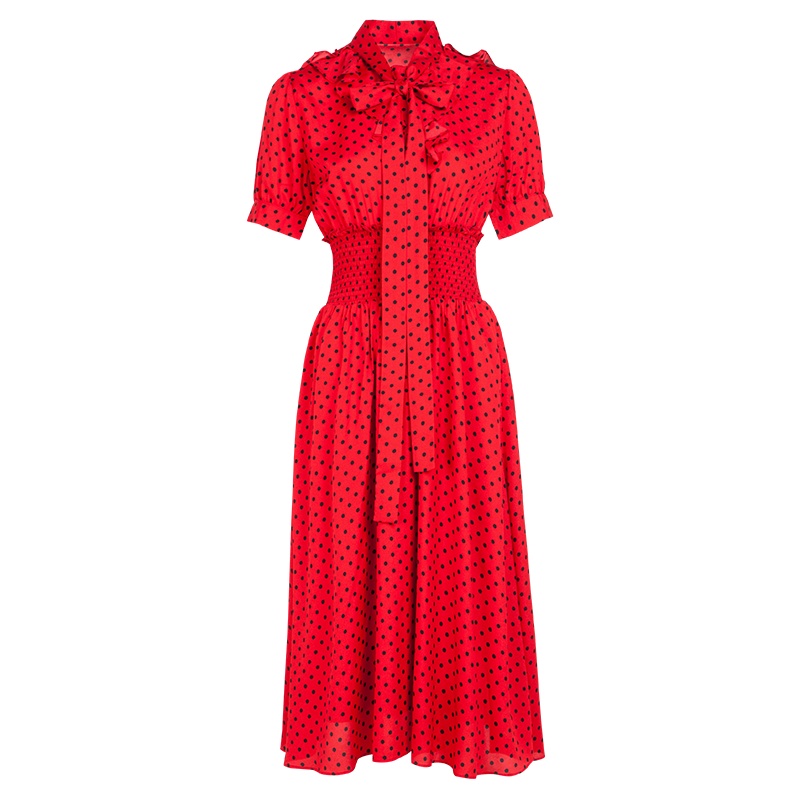 晚白 新品复古波点系带领荷叶边短袖收腰显瘦雪纺连衣裙女