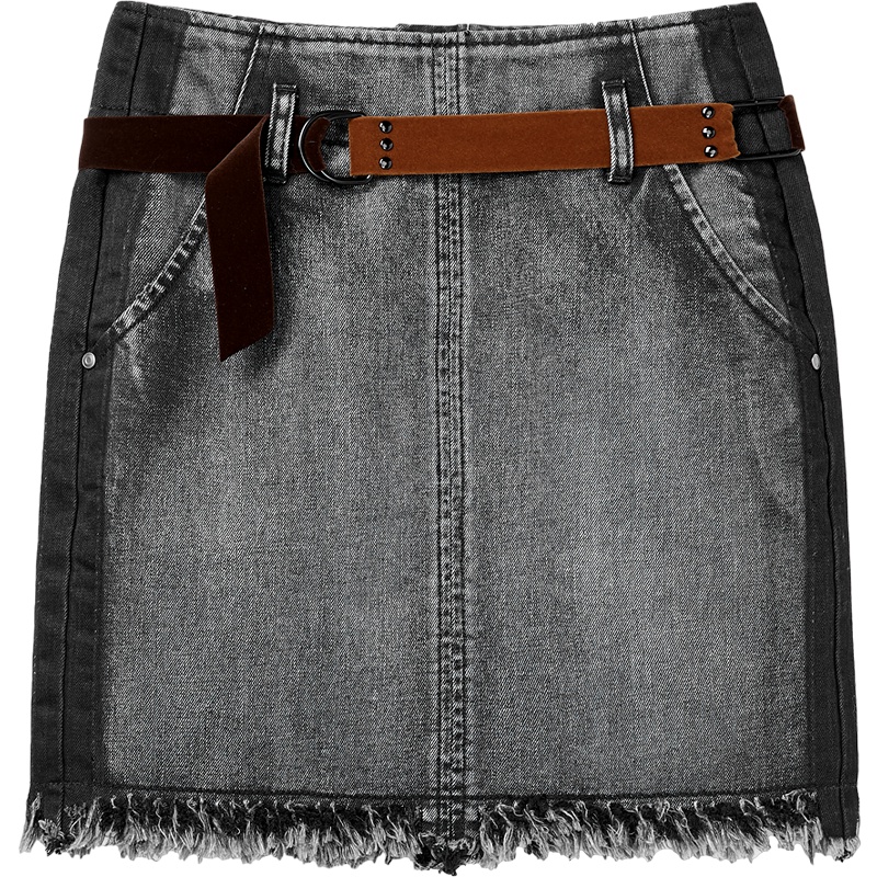 2019爱居兔秋季女装可脱卸腰带下摆磨边设计牛仔单裙