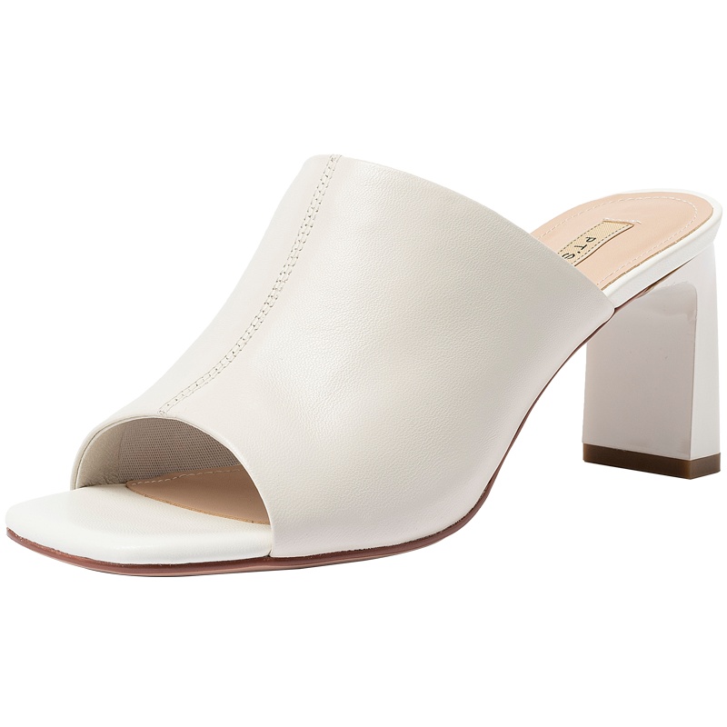 百田森2020夏季商场同款一字型拖鞋粗高跟真皮简约气质拖鞋女