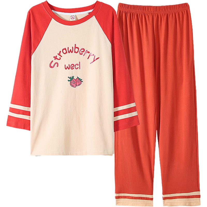 俞兆林春秋纯棉草莓睡衣女春秋甜美可爱长袖套头可外穿女士全棉家居服套装