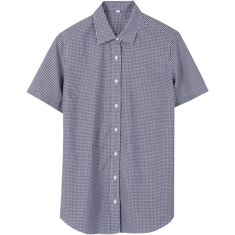 恒源祥日系小格子POLO领衬衫女工装2020春新款修身衬衣百搭短袖上衣