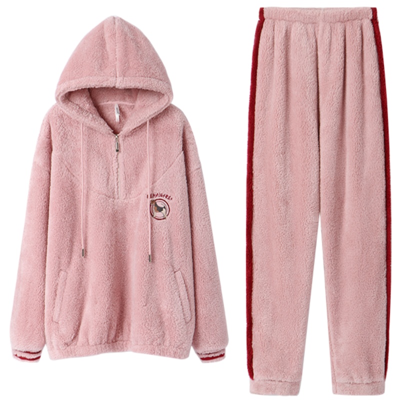 安之伴睡衣女晚秋圆领套装长毛绒家居服