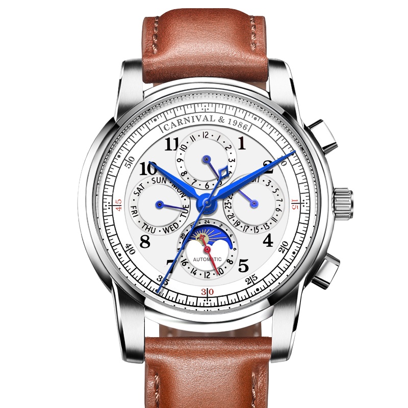 瑞士嘉年华Carnival新款手表男全自动机械表 男表多功能真皮带防水复古休闲时尚商务腕表潮流六针皮表带升级8781-1