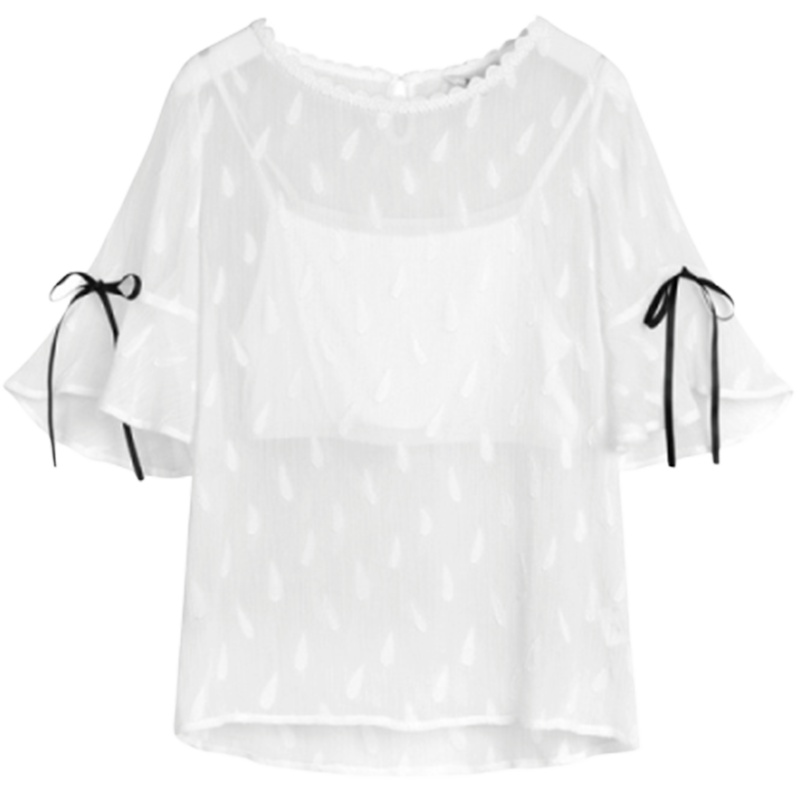 N【专柜同款】拉夏贝尔旗下7M夏新款韩版五分袖衬衣雪纺衫宽松蝴蝶结衬衫70010301