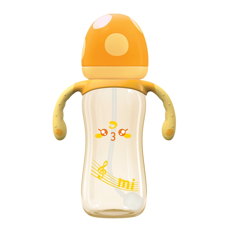 bobo乐儿宝蘑菇奶瓶 宽口径ppsu耐摔带手柄吸管 防胀气小金瓶 适合9个月以上 330ML橙色BP1706-YO