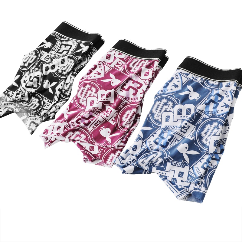 花花公子内裤男士内裤四角裤冰丝透气导湿双层U凸个性印花贴身舒适平角短裤衩潮3674-3条礼盒装