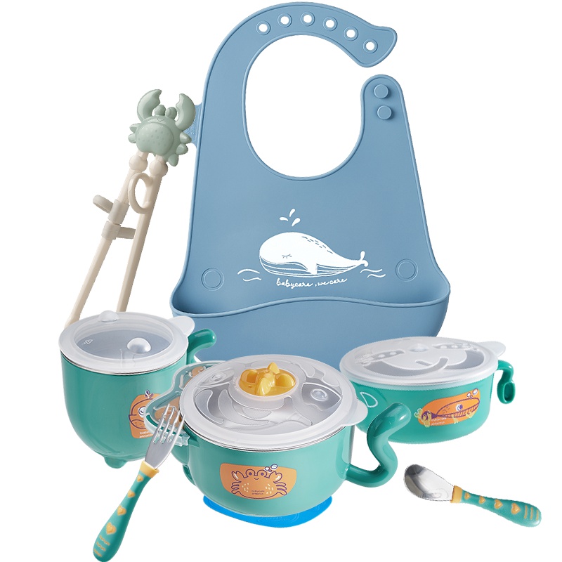 babcyare 宝宝餐具礼盒儿童学习筷硅胶饭兜婴儿辅食注水保温碗 佩里斯海洋 2526