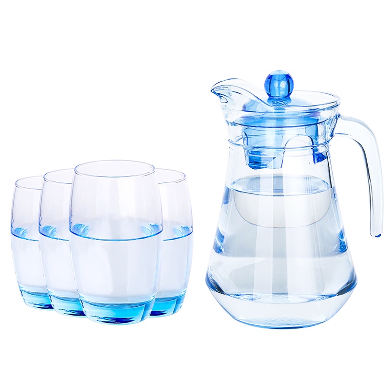 乐美雅无铅玻璃冰蓝鸭嘴壶冰蓝水杯组合水具套装果汁壶泡茶壶杯5件套(1300ML冰蓝鸭壶+4只350ML冰蓝水杯)