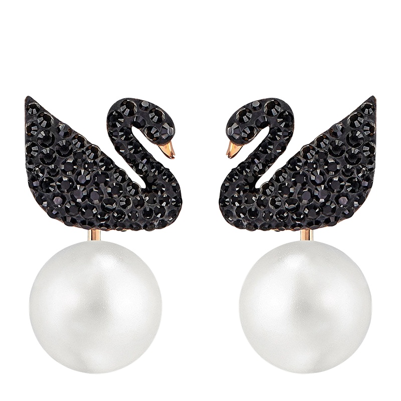 SWAROVSKI(施华洛世奇) ICONIC SWAN 镀玫瑰金色黑天鹅两戴耳钉人造水晶 送恋人 5193949