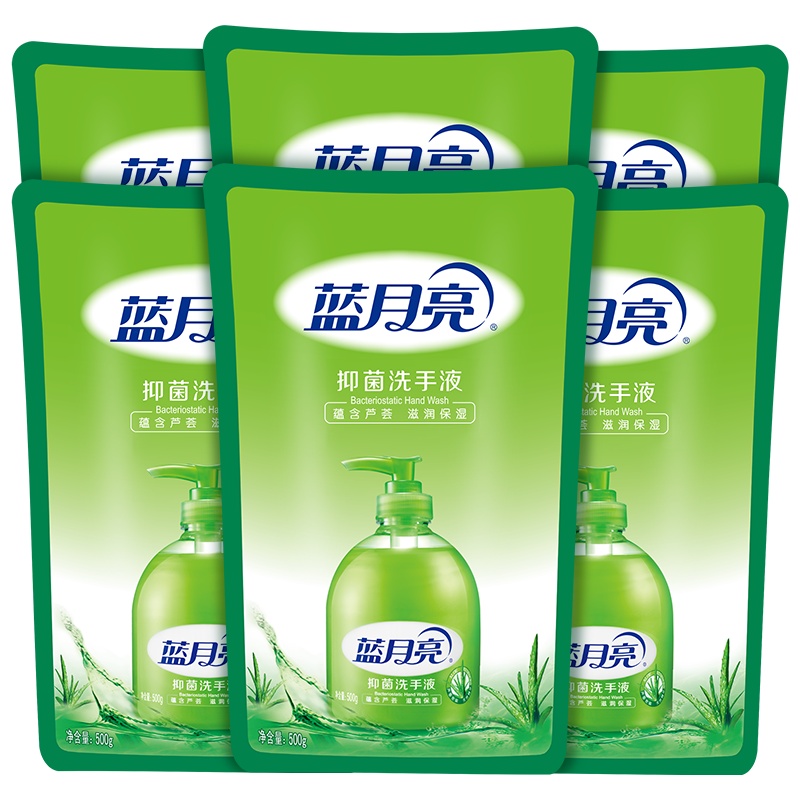 蓝月亮 芦荟抑菌洗手液500g*6袋套装 芦荟清香 高效抑菌滋润养护娇嫩双手全家适用 袋装补充更实惠