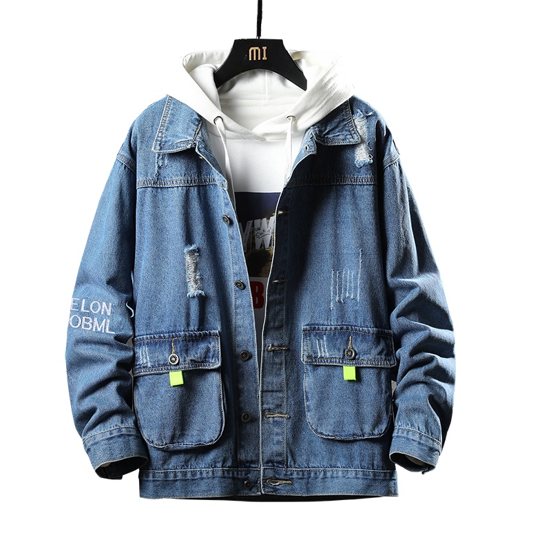 蓝缕金(LANLVJIN)牛仔服男春秋季2020新款青年翻领宽松单排扣工装棉外套休闲百搭帅气学生衣服夹克男装