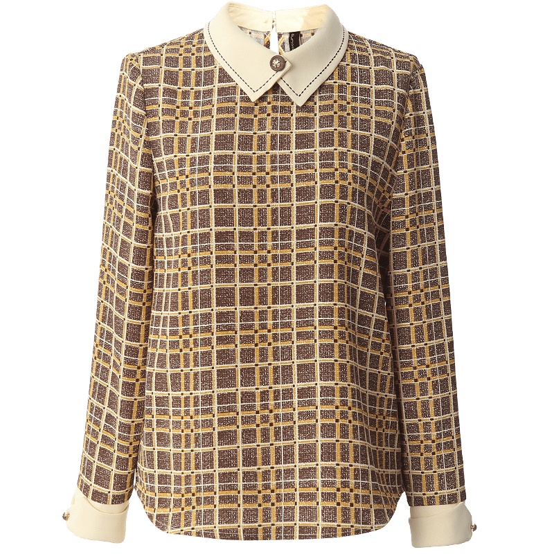 OUNIXUE欧昵雪 | [复古文艺衬衣]秋冬季个性休闲翻领撞色格纹上衣直筒衬衫女