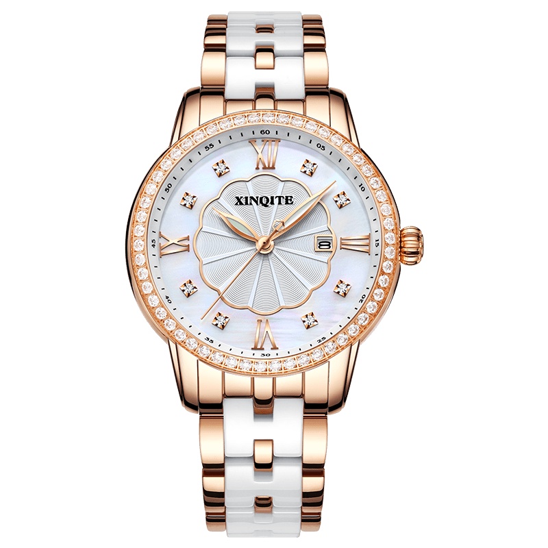 新奇特手表女款钢带商务女士陶瓷镶钻夜光防水时尚简约气质休闲圆形日历石英表中学生女表X-35