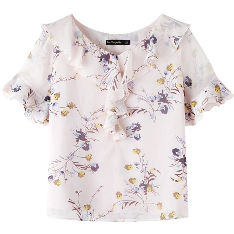 拉夏贝尔新款女装夏季性感碎花宽松短袖上衣v领时尚雪纺衬衫