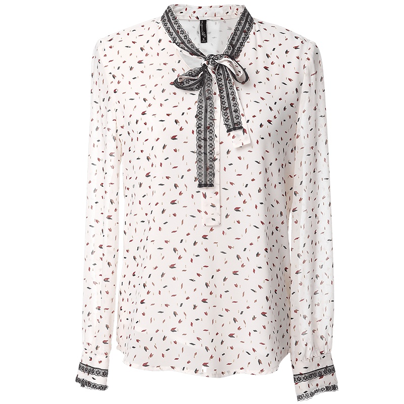 欧昵雪秋装蕾丝花边蝴蝶结系带碎花雪纺衫上衣女长袖小衫