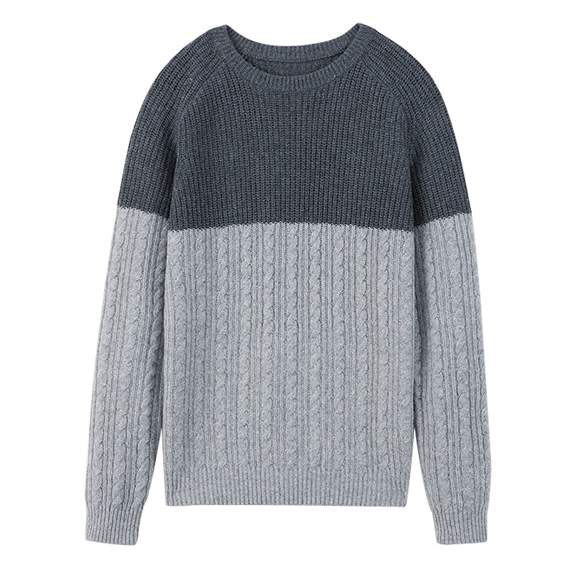 鄂尔多斯ERDOS 春秋圆领翻花拼色羊绒衫休闲舒适男士针织衫毛衣