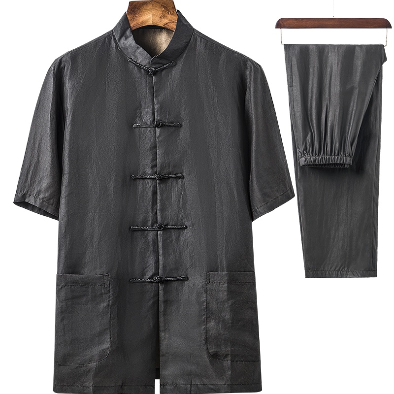 中老年唐装男短袖真丝桑蚕丝绸香云纱套装中式男装爷爷中国风夏装