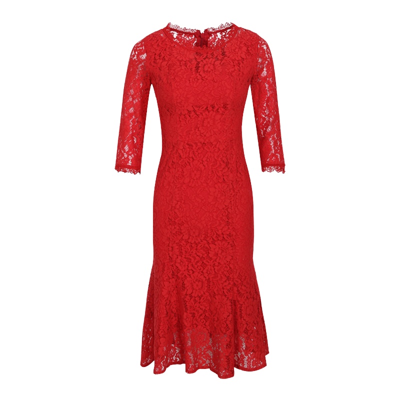 帝紫规秋季新款品牌女装红色洋气镂空花边蕾丝连衣裙百搭修身鱼尾裙女