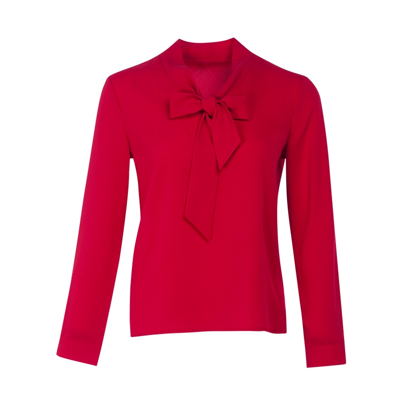 晚白女上装2019秋季新品纯色通勤职业宽松系带领长袖上衣雪纺衫衬衫