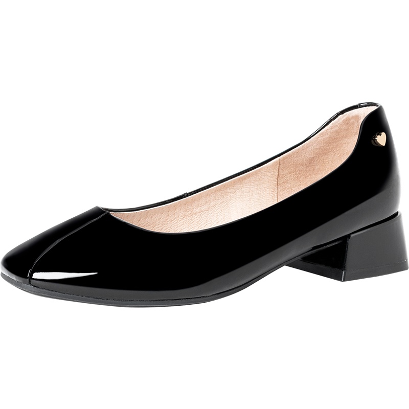 百田森商场同款漆皮奶奶鞋女职业鞋新款简约方头百搭粗跟单鞋