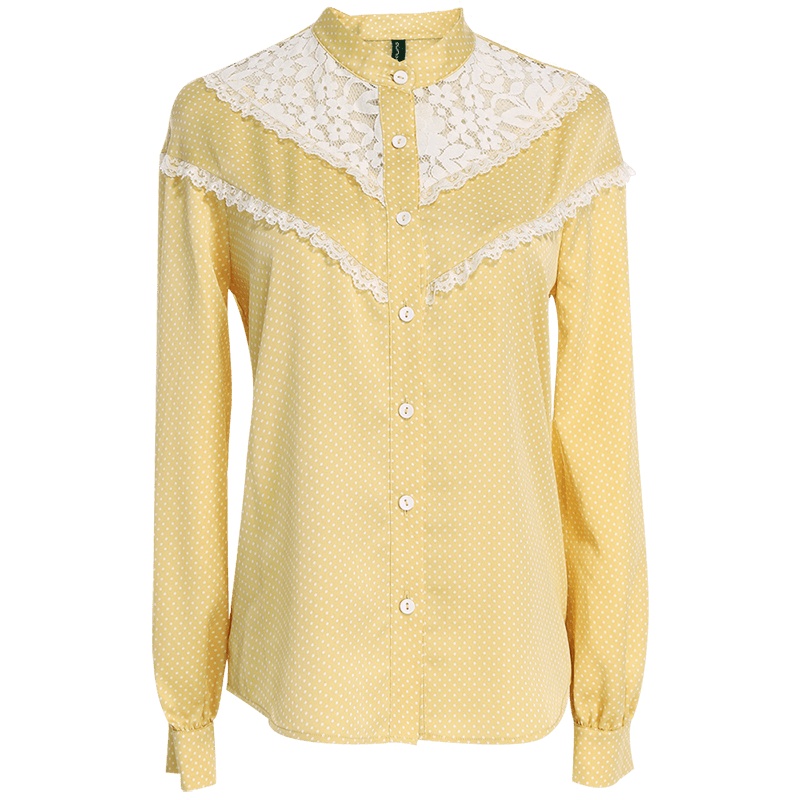 欧昵雪立领拼接蕾丝花边显瘦波点衬衣女长袖衬衫上衣