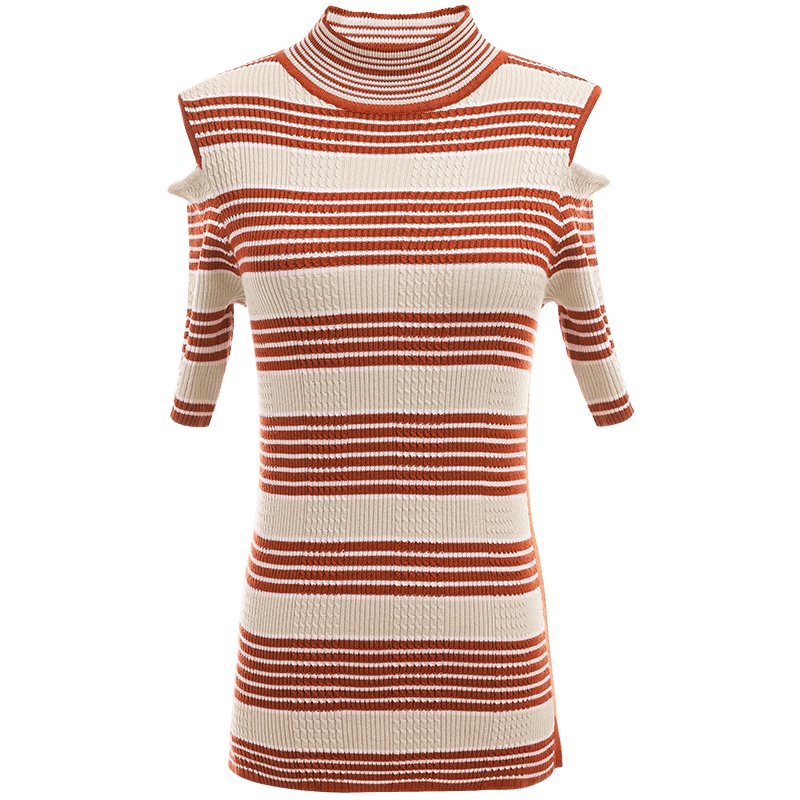 欧昵雪夏季半高领短袖针织衫条纹露肩毛衣女套头显瘦上衣
