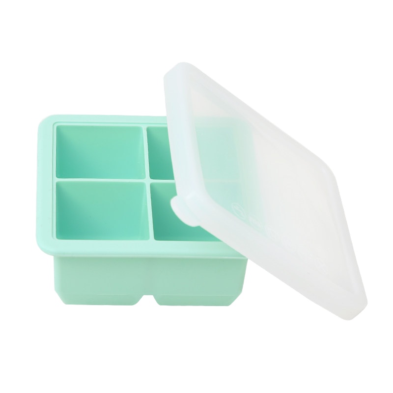 宝宝辅食盒硅胶婴儿冷冻盒冰块制冰盒创意密封带盖子储存保鲜冰格 敬平 1个装薄荷绿-4格
