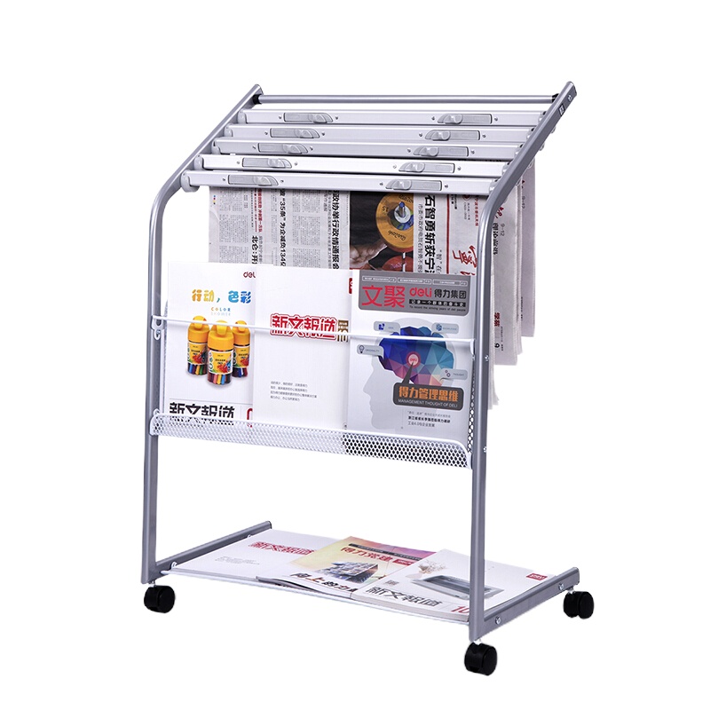 得力(deli)六层铝合金夹条报纸架报刊架 宣传杂志展示架 办公室落地置物架高0.87米9302