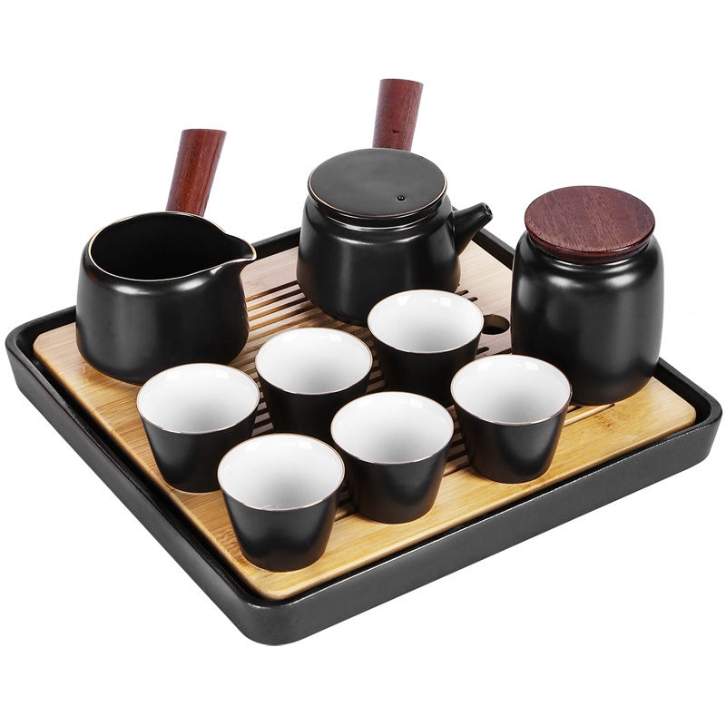 日式功夫茶具套装家用简约陶瓷侧把壶储水式干泡茶盘 简逸(黑)10头带茶盘礼盒装