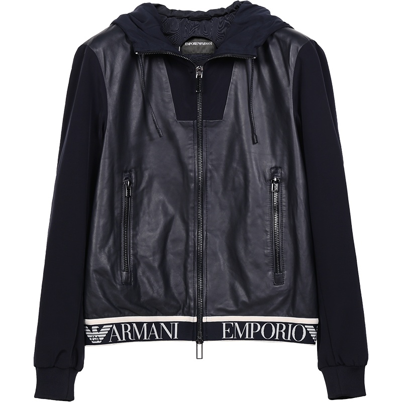 EMPORIO ARMANI 阿玛尼 男士羊皮革/聚酯纤维连帽皮衣夹克外套 91B61P 91P61