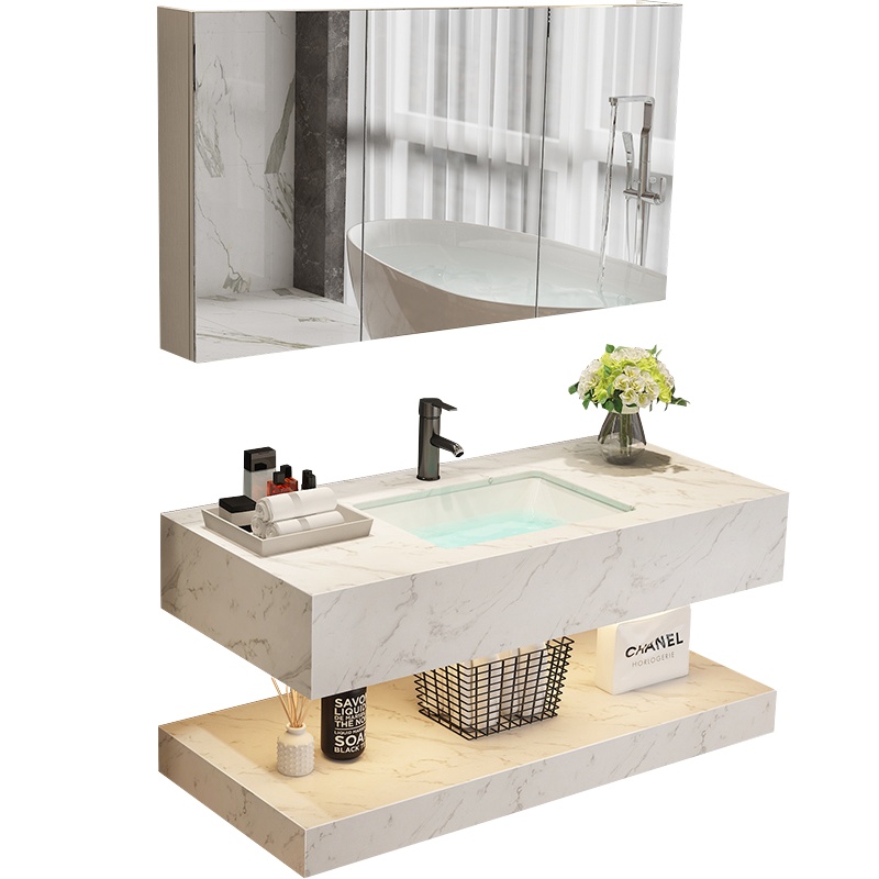 恒妙大理石卫生间洗漱台洗手盆柜洗脸盆柜洗手台浴室柜家用卫浴组合简约现代台盆 定制尺寸切角联系客服