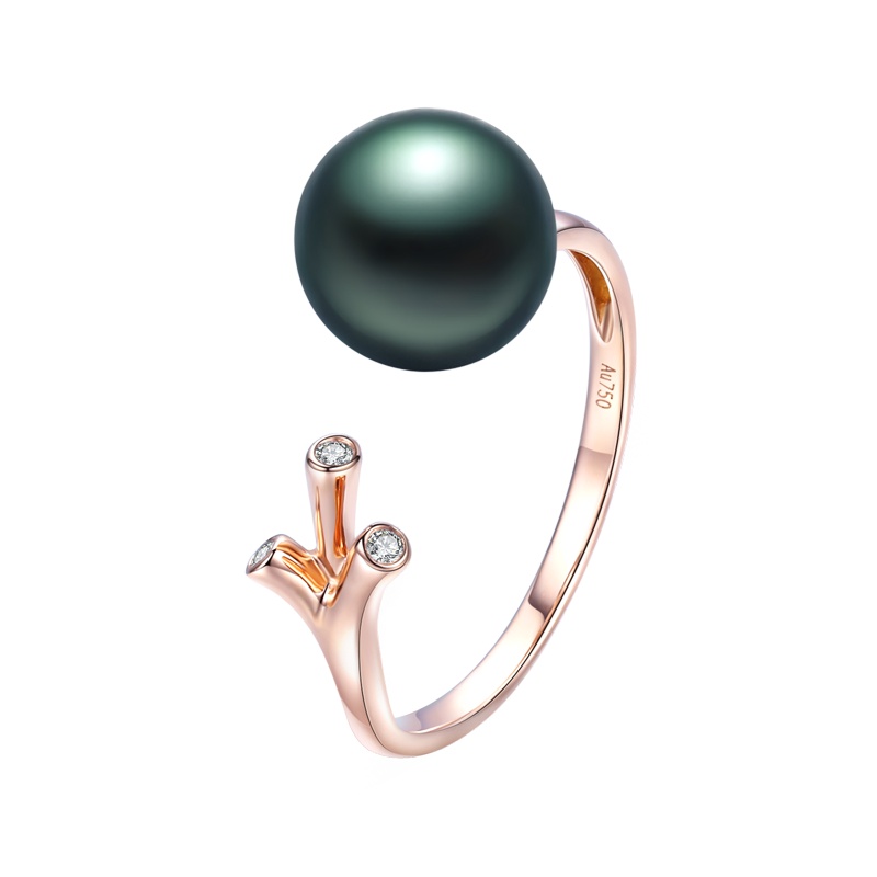 brir 佰色传情正圆8-9mm高亮泽大溪地黑珍珠戒指18K金钻石正品