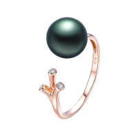 brir 佰色传情正圆8-9mm高亮泽大溪地黑珍珠戒指18K金钻石正品