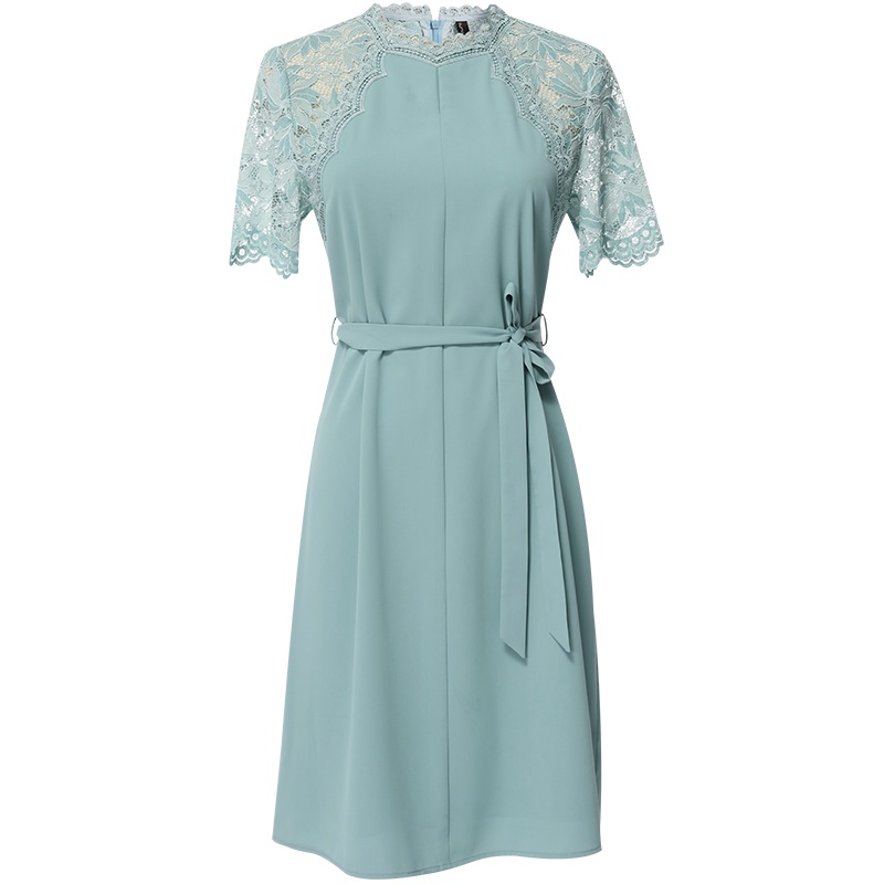 欧昵雪夏季花边立领拼接蕾丝短袖修身连衣裙女中裙