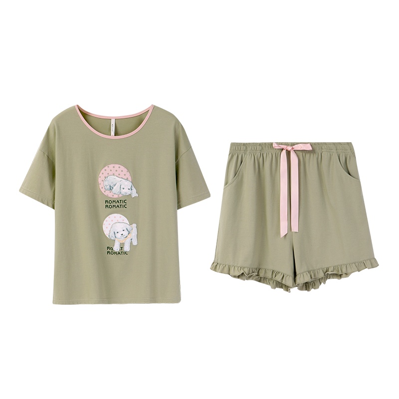 安之伴睡衣女夏纯棉弹力针织素色短袖套装