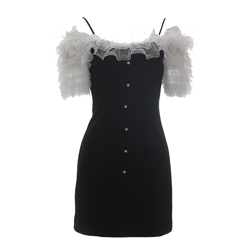 女装2019款黑色压褶荷叶边气质短款高贵名媛显瘦连衣裙夏