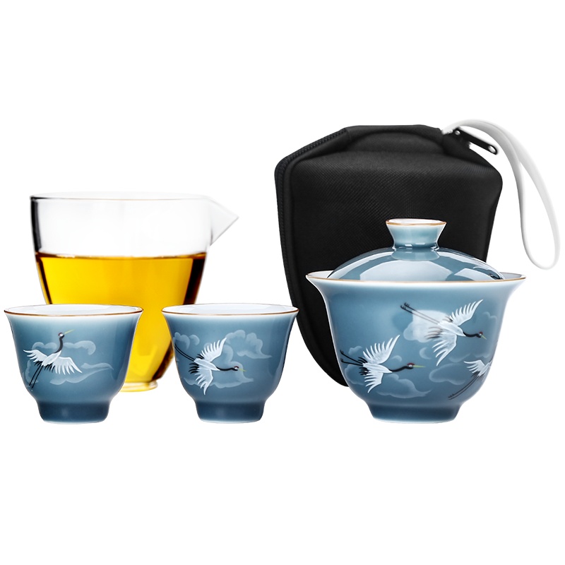 領藝 仙鹤陶瓷旅行茶具套装便携式包功夫茶具车载旅游快客杯一壶二杯