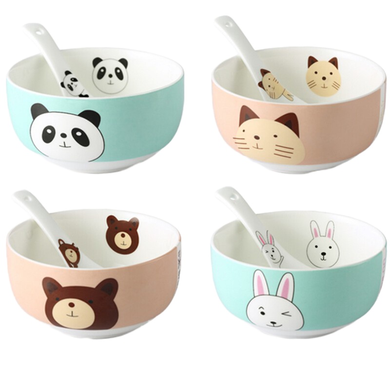 贝瑟斯 陶瓷碗家用饭碗创意卡通碗儿童碗可爱风4碗4勺学生碗