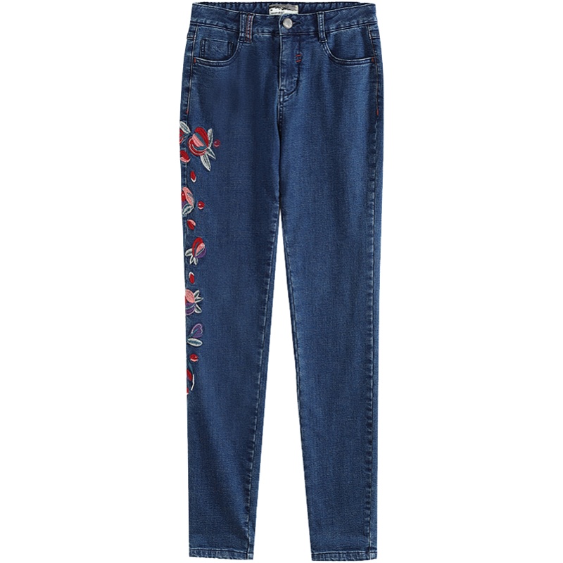 茵曼牛仔裤秋冬新款复古文艺休闲绣花毛绒小脚女百搭修身显瘦裤子